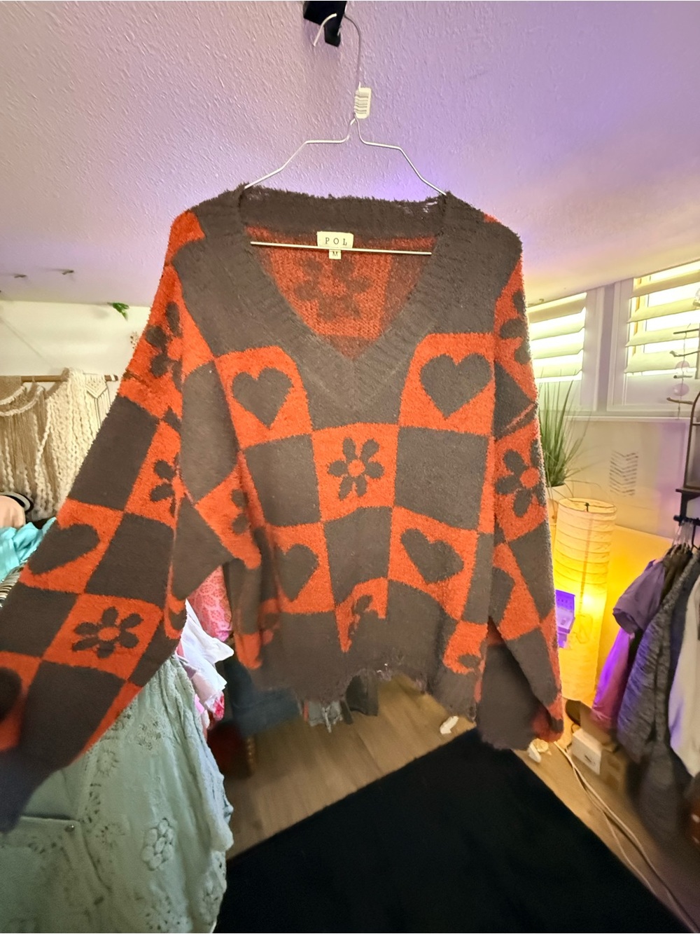 POL Oversized V-Neck Sweater in Orange & Brown Checker Heart Pattern